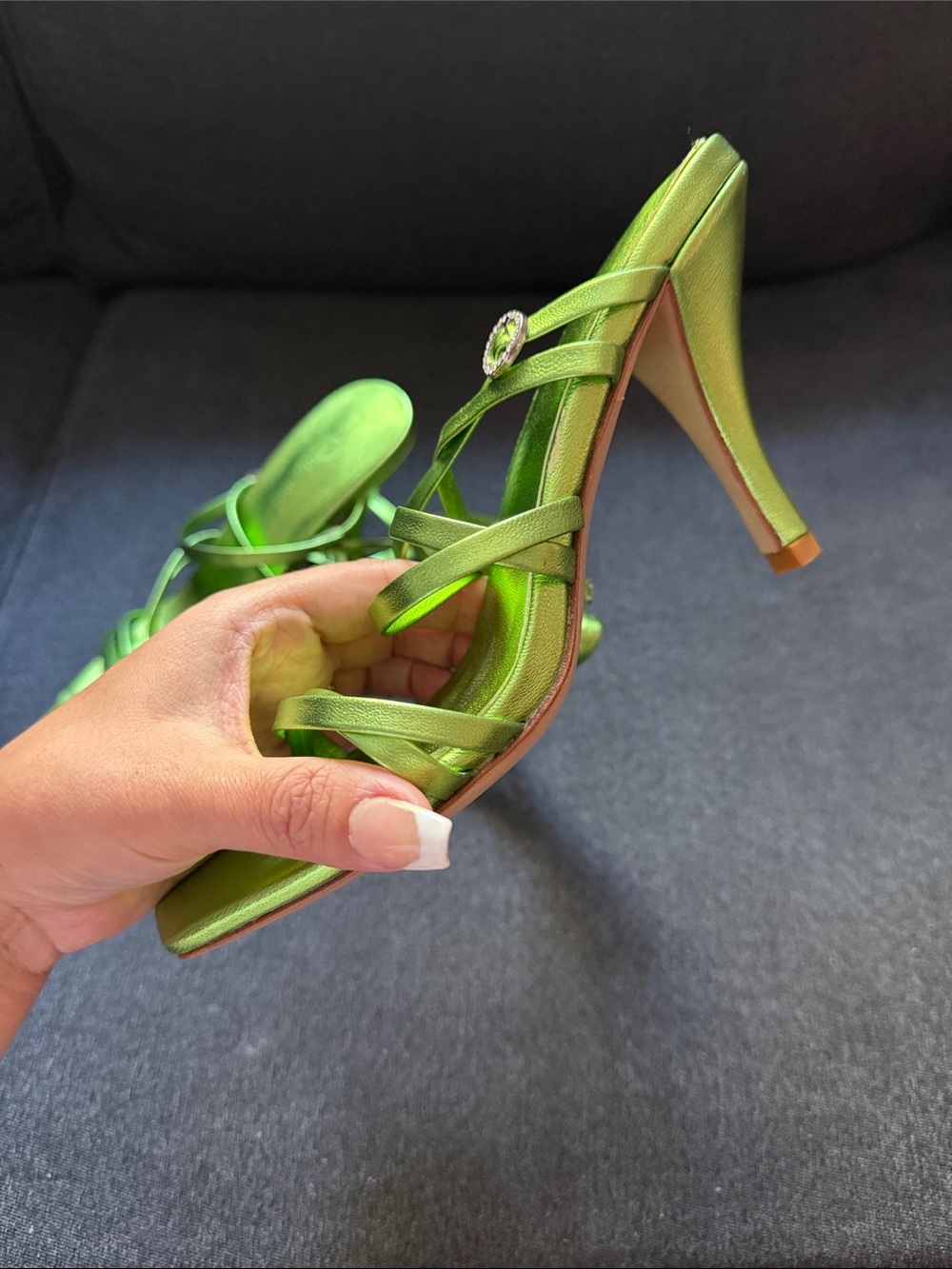 Lovers + Friends Metallic Lime Green Strappy Heeled Sandals - Picture 4 of 4